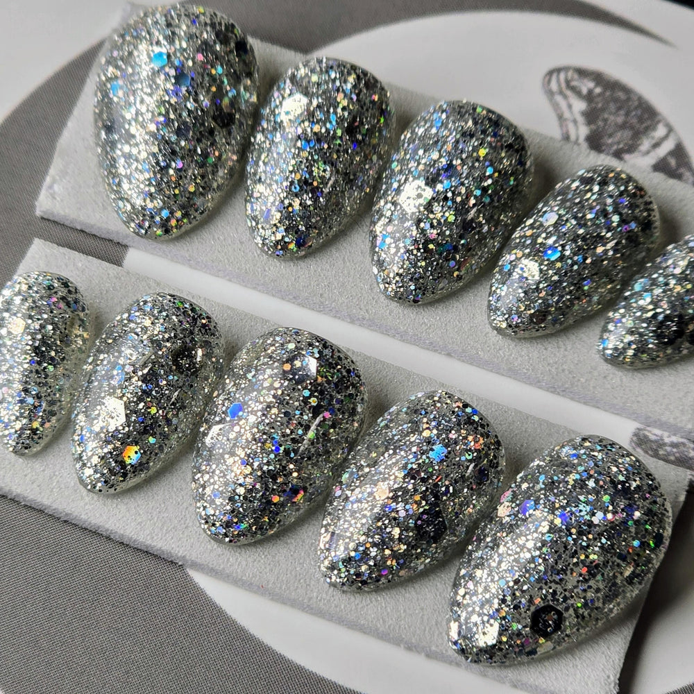 
                      
                        READY TO SHIP Glitterstorm, Silver Party Nails, Holographic Glitter Press On Nails, Chunky Glitter Nails, Gothic Nails, Witchy Nails
                      
                    