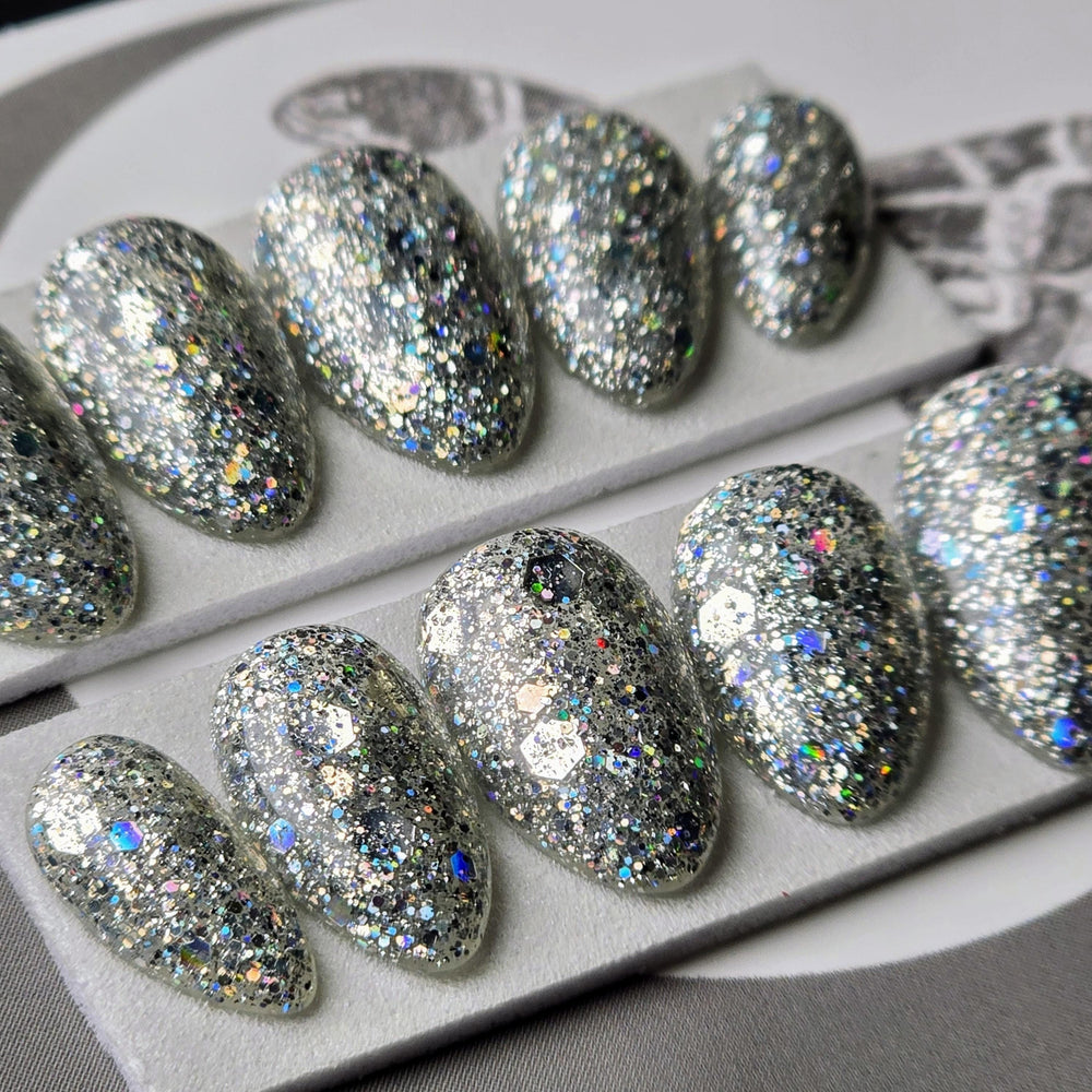 
                      
                        READY TO SHIP Glitterstorm, Silver Party Nails, Holographic Glitter Press On Nails, Chunky Glitter Nails, Gothic Nails, Witchy Nails
                      
                    