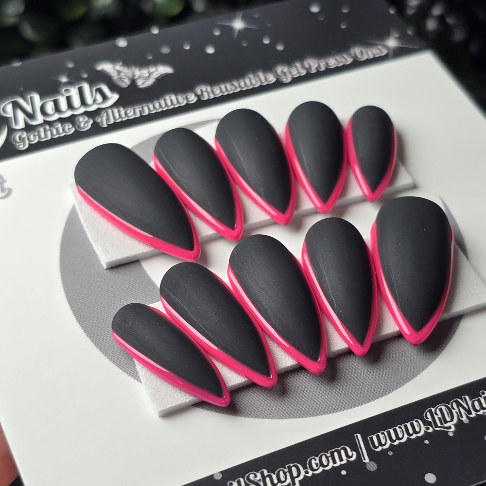 
                      
                        Black and Pink Skinny French, Halloween Press Ons, Fall Nails, Gothic Press Ons, Witchy Nails, Reusable False Nails, Alternative Nails
                      
                    