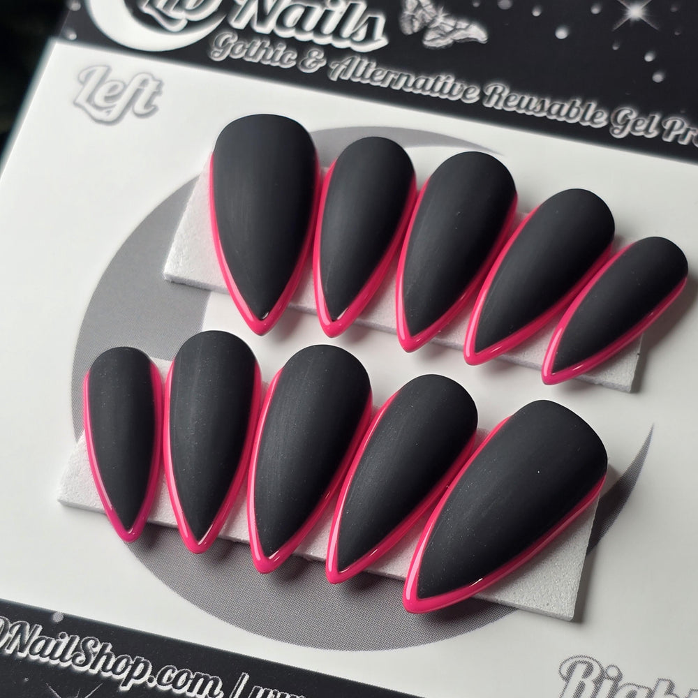 
                      
                        Black and Pink Skinny French, Halloween Press Ons, Fall Nails, Gothic Press Ons, Witchy Nails, Reusable False Nails, Alternative Nails
                      
                    