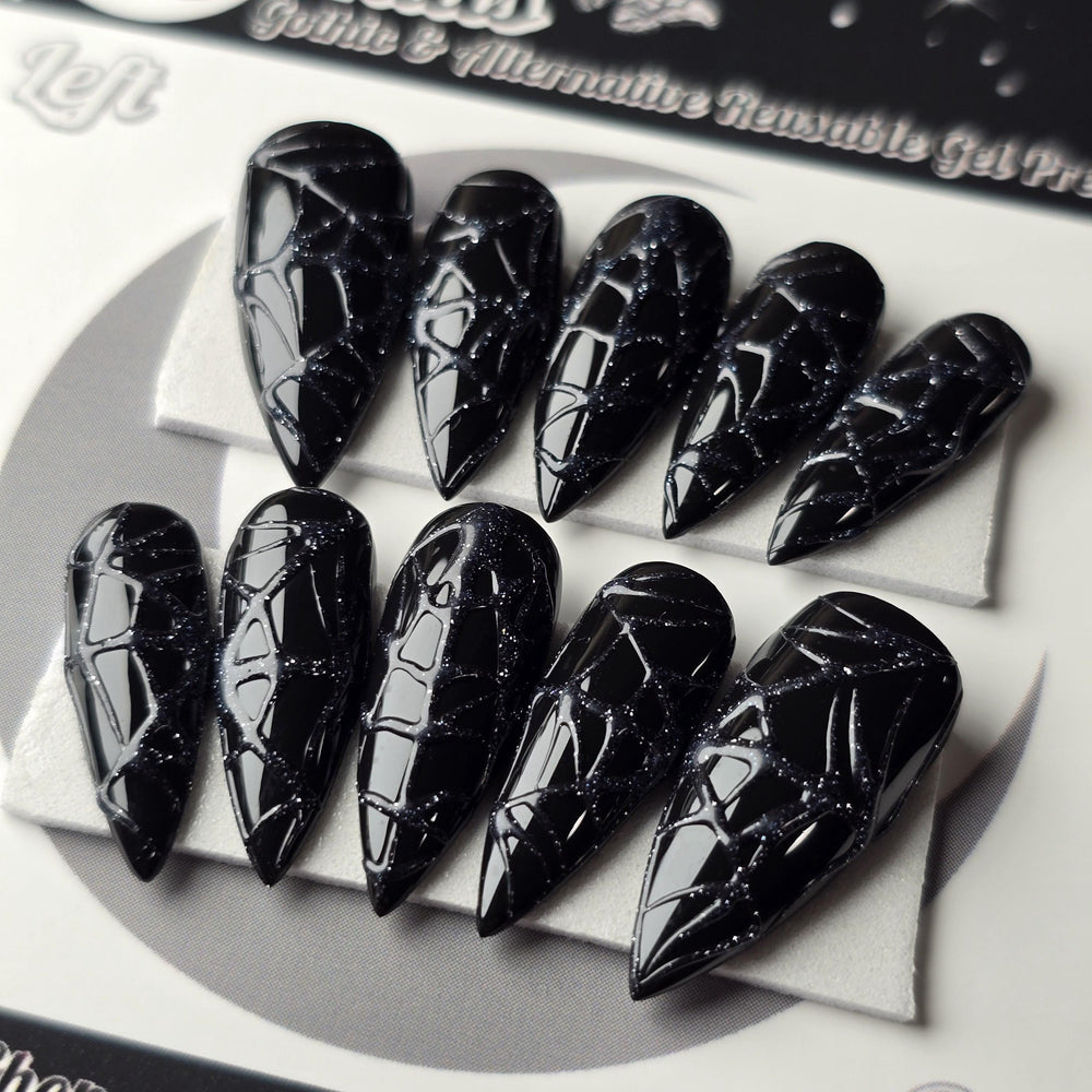Flash Glitter Spiderweb Nails, Glossy Embossed Glitter Halloween Nails, Reusable False Nails, Fake Nails, Press-on Nails, Glue-on Nails