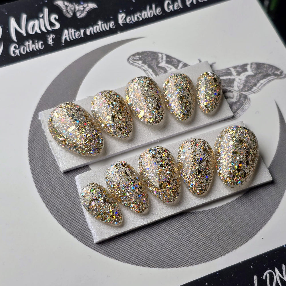 
                      
                        READY TO SHIP Moondust, Gold Party Nails, Holographic Glitter Press On Nails, Chunky Glitter Nails, Gothic Nails, Witchy Nails
                      
                    