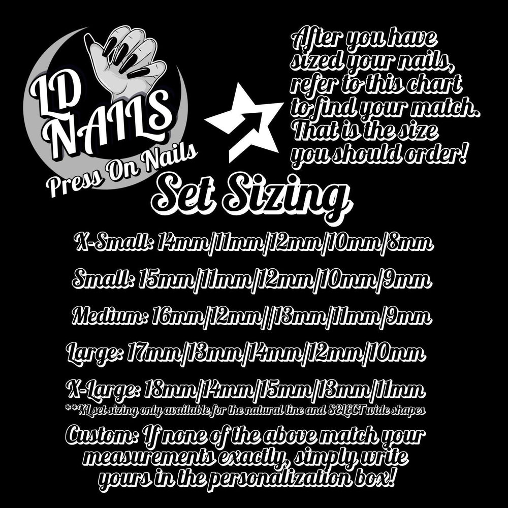 
                      
                        The image is a black and white advertisement for nail polish sets, featuring a star and text providing information about the sizes of the nail polish sets.
                      
                    