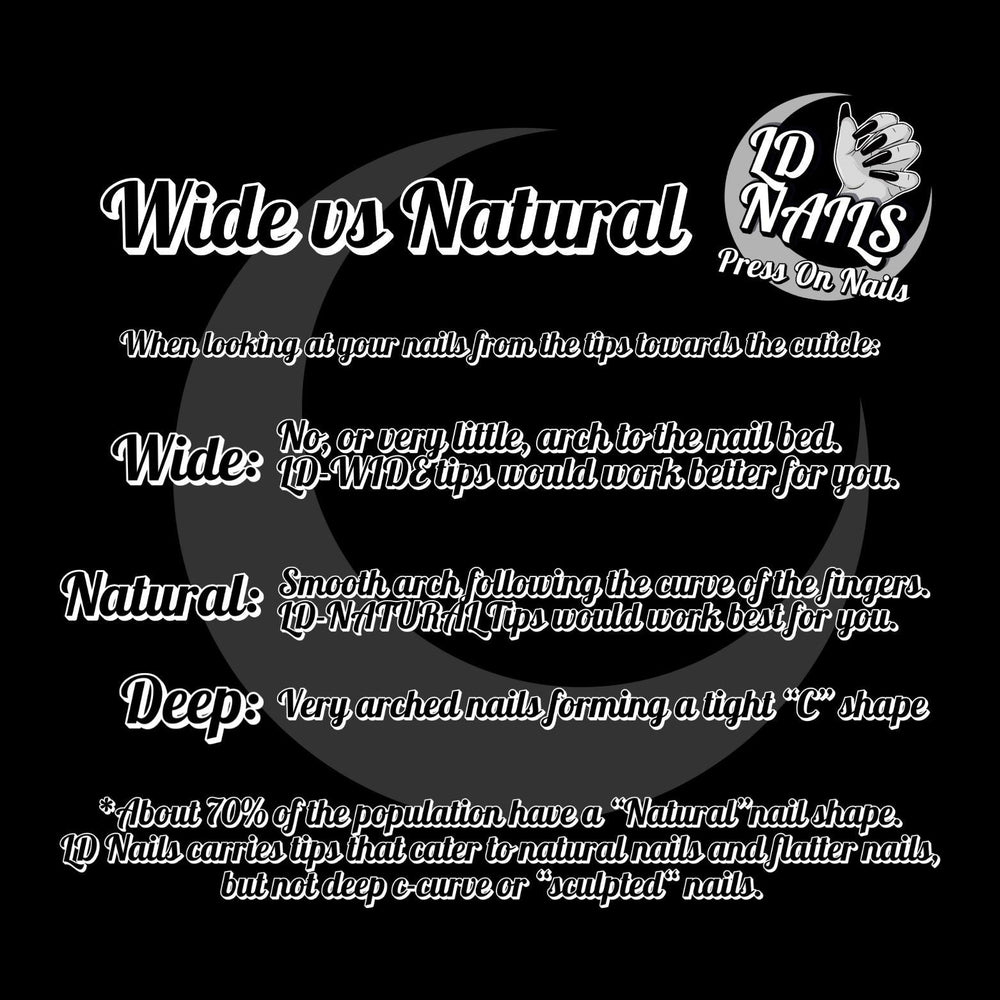 
                      
                        The image is a black and white comparison of wide and natural nail tips, with a logo and text at the top.
                      
                    