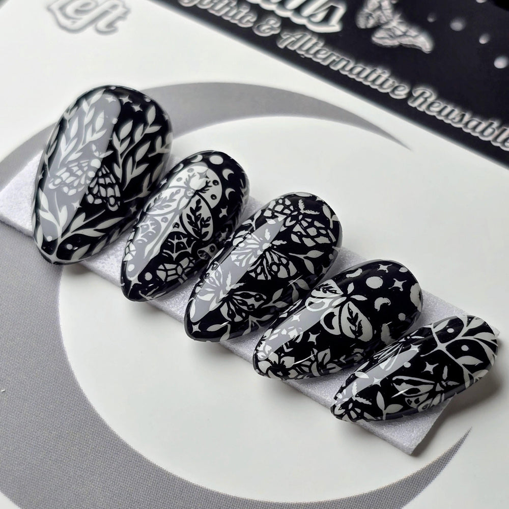 Nocturnal Garden, Witchy Halloween Press On Nails, Gothic Moth Nails, Glow in the Dark Press Ons