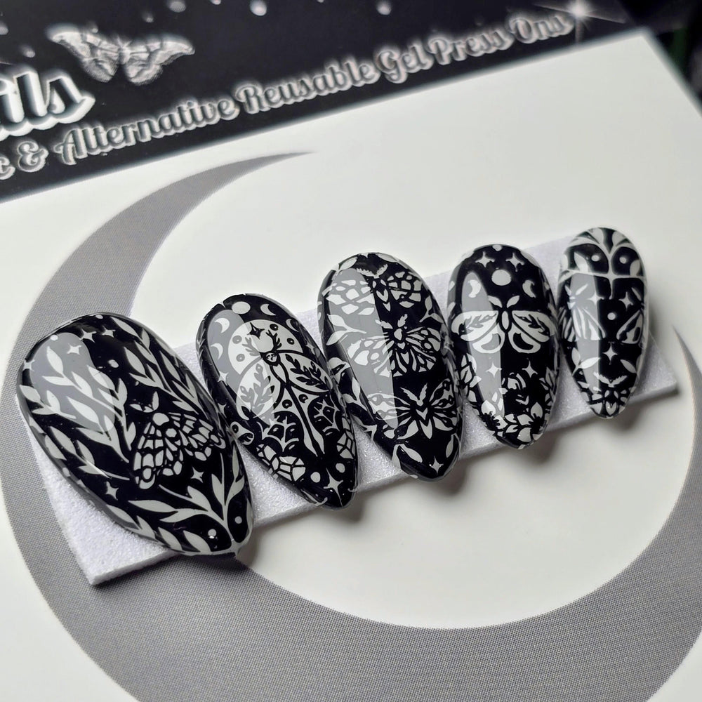 
                      
                        Nocturnal Garden, Witchy Halloween Press On Nails, Gothic Moth Nails, Glow in the Dark Press Ons
                      
                    