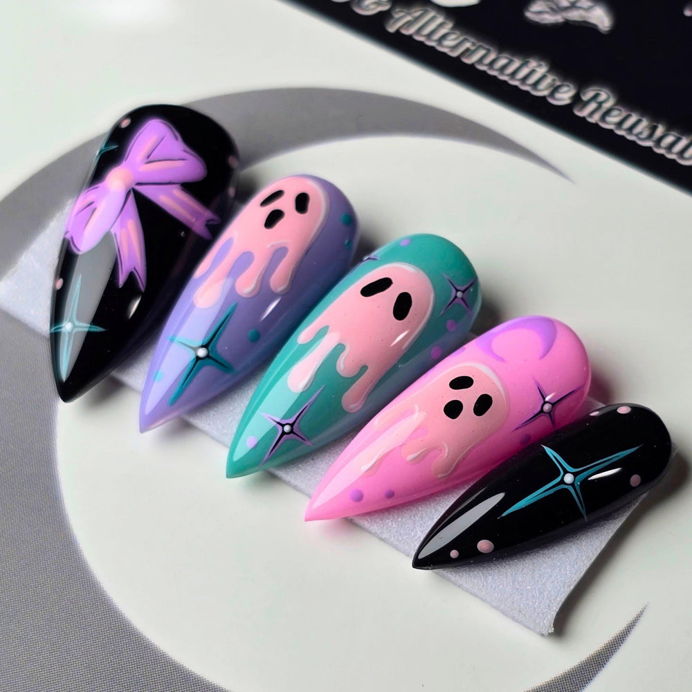 Dripped in Dread - Cute & Cursed, Spooky Cute Pastel Ghost Press Ons, Gothic Halloween Nails