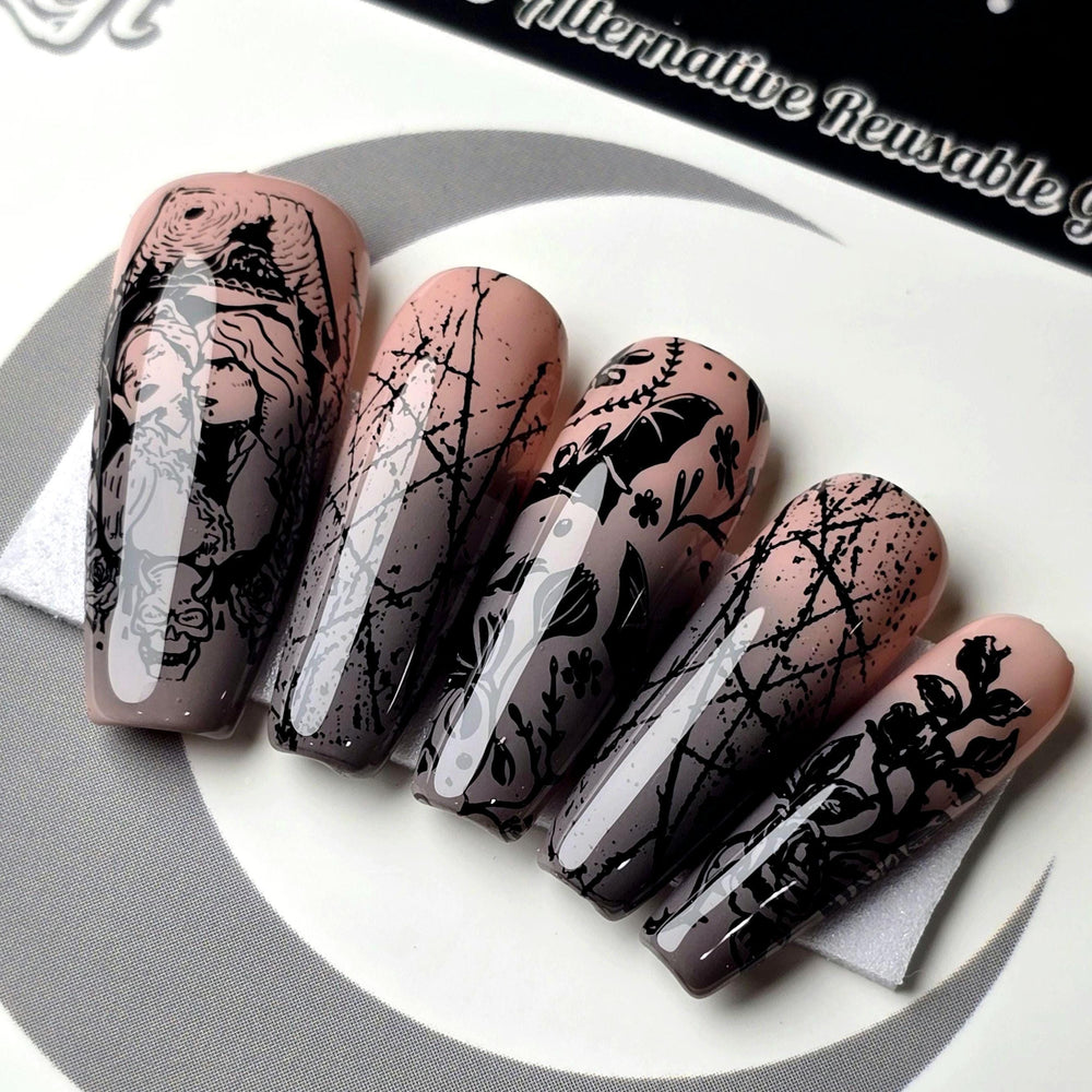 Bloodthorn - Crypy Couture, Gothic Vampire Press On Nails, Gothic Halloween Thermal Press Ons