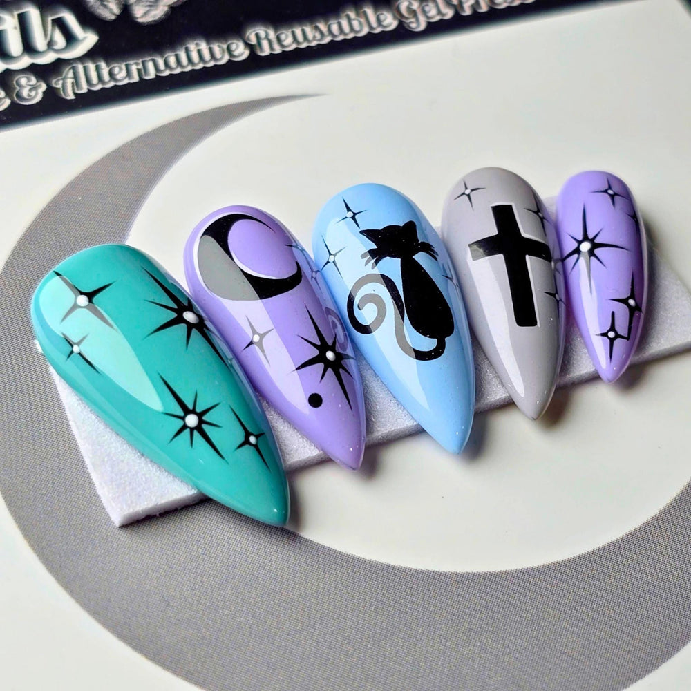 
                      
                        Moonlit Familiar - Cute & Cursed, Pastel Goth Witchy Halloween Press Ons, Spooky Cute Cat Nails
                      
                    