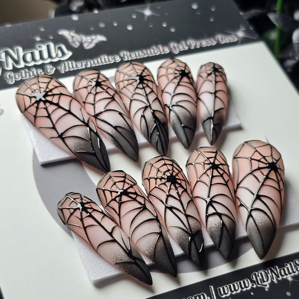 
                      
                        Cobweb Couture - Crypt Couture, Halloween Spiderweb Press On Nails, Gothic Black Ombre Vamp Nails
                      
                    