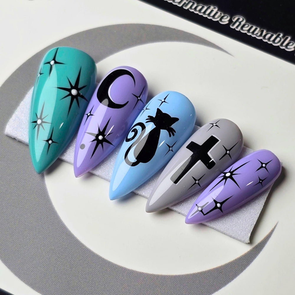 
                      
                        Moonlit Familiar - Cute & Cursed, Pastel Goth Witchy Halloween Press Ons, Spooky Cute Cat Nails
                      
                    