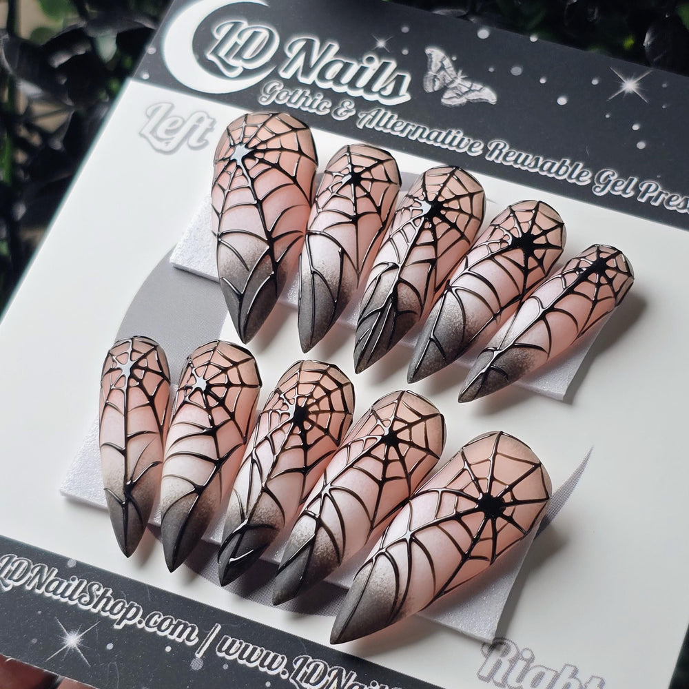 
                      
                        Cobweb Couture - Crypt Couture, Halloween Spiderweb Press On Nails, Gothic Black Ombre Vamp Nails
                      
                    