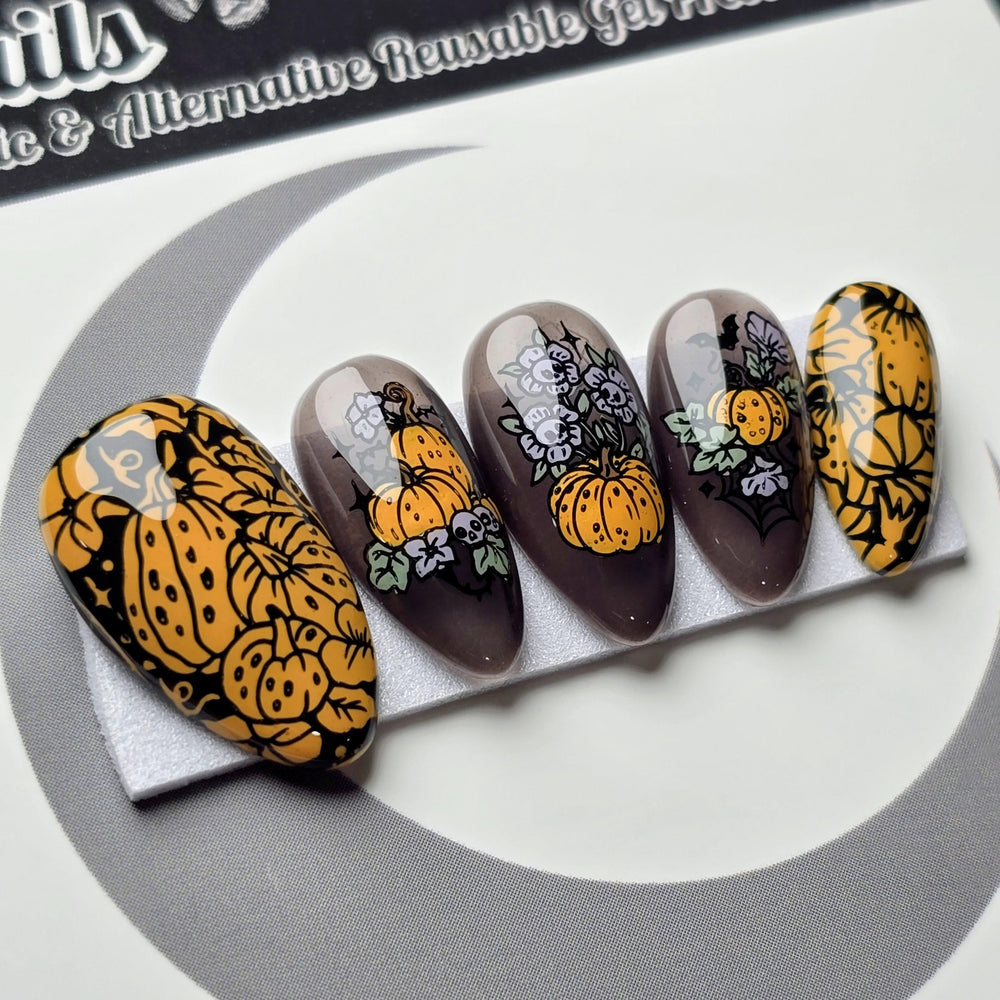 
                      
                        Harvest Garden, Gothic Halloween Pumpkin Press On Nails, Witchy Spooky Autumn Nails, Orange and Black Press Ons
                      
                    