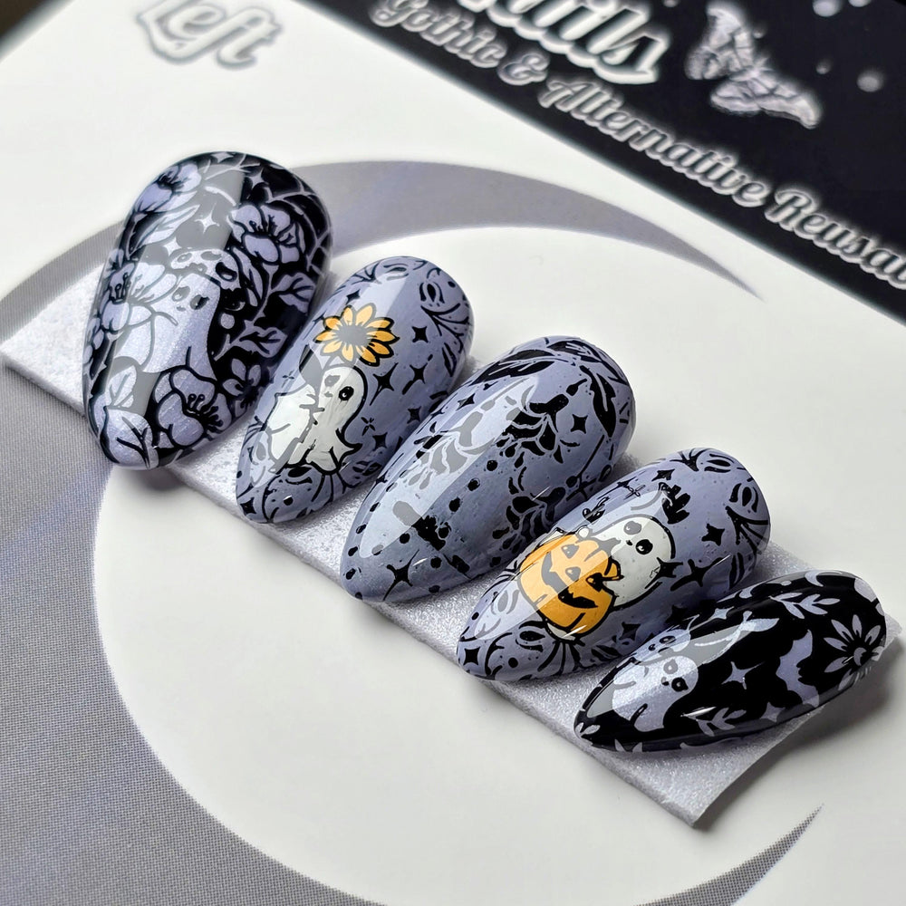 Ghostly Garden, Gothic Halloween Ghost Press On Nails, Gothic Spooky Cute Garden Nails, Orange and Purple Press Ons