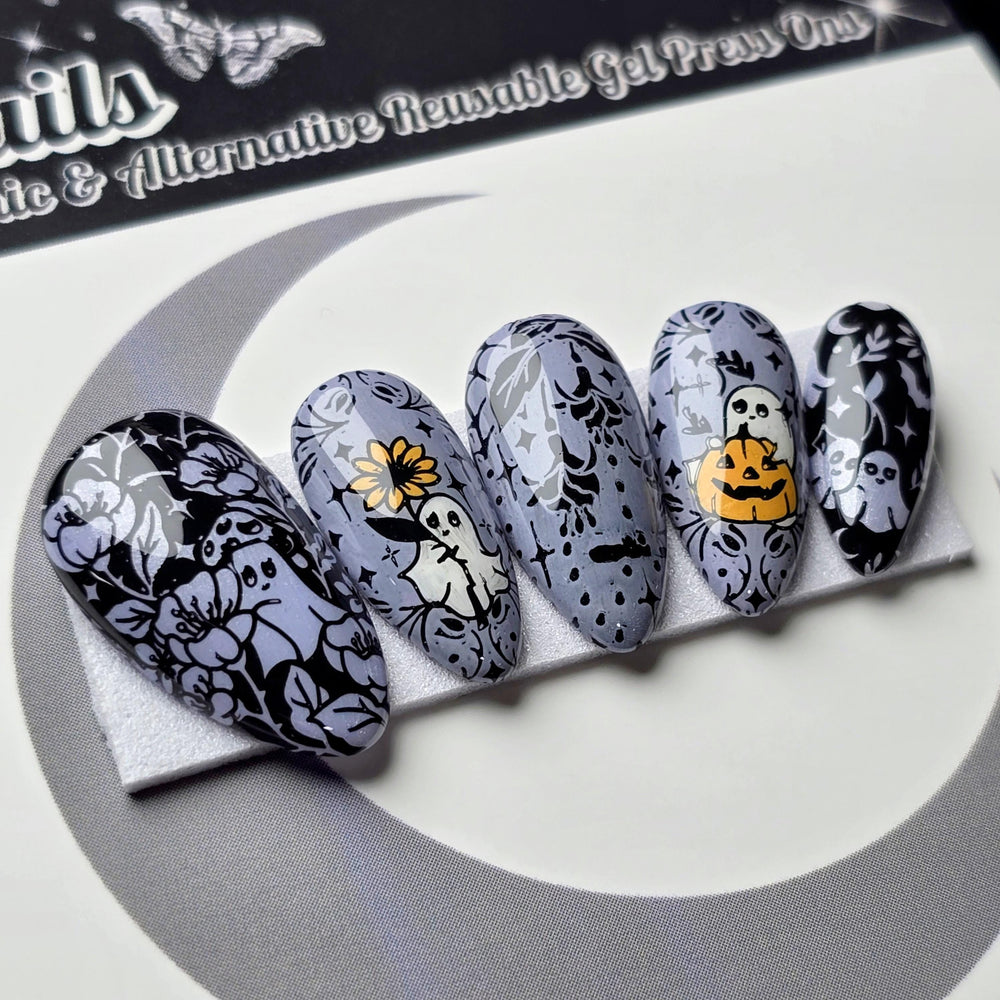 
                      
                        Ghostly Garden, Gothic Halloween Ghost Press On Nails, Gothic Spooky Cute Garden Nails, Orange and Purple Press Ons
                      
                    