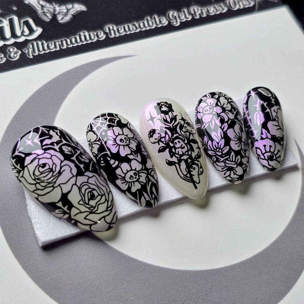 
                      
                        Grim Garden, Witchy Halloween Press On Nails, Gothic Spooky Garden Nails, Iridescent Press Ons
                      
                    