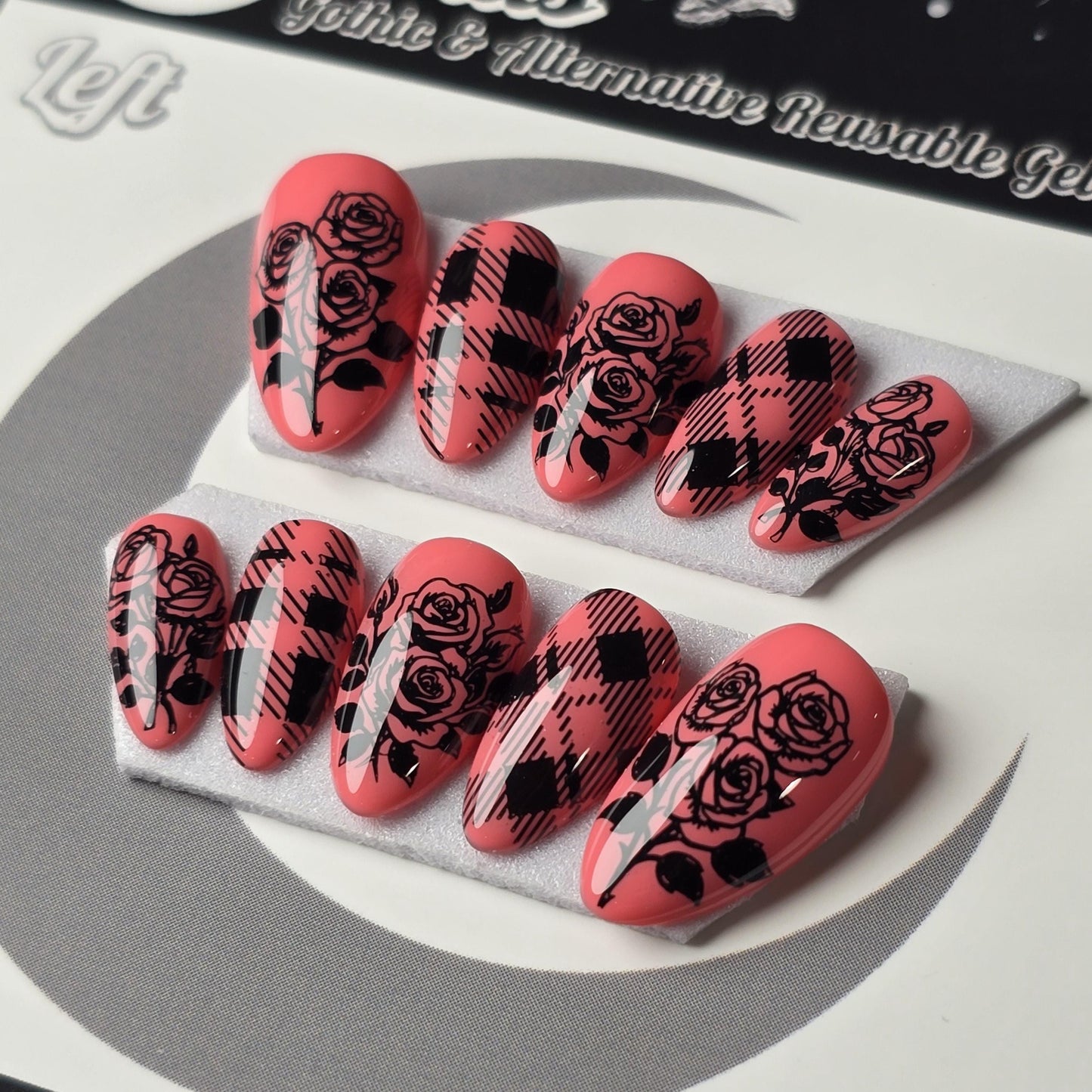 Pretty Little Rose Press On Nails: Rose and Plaid Pink False Nails