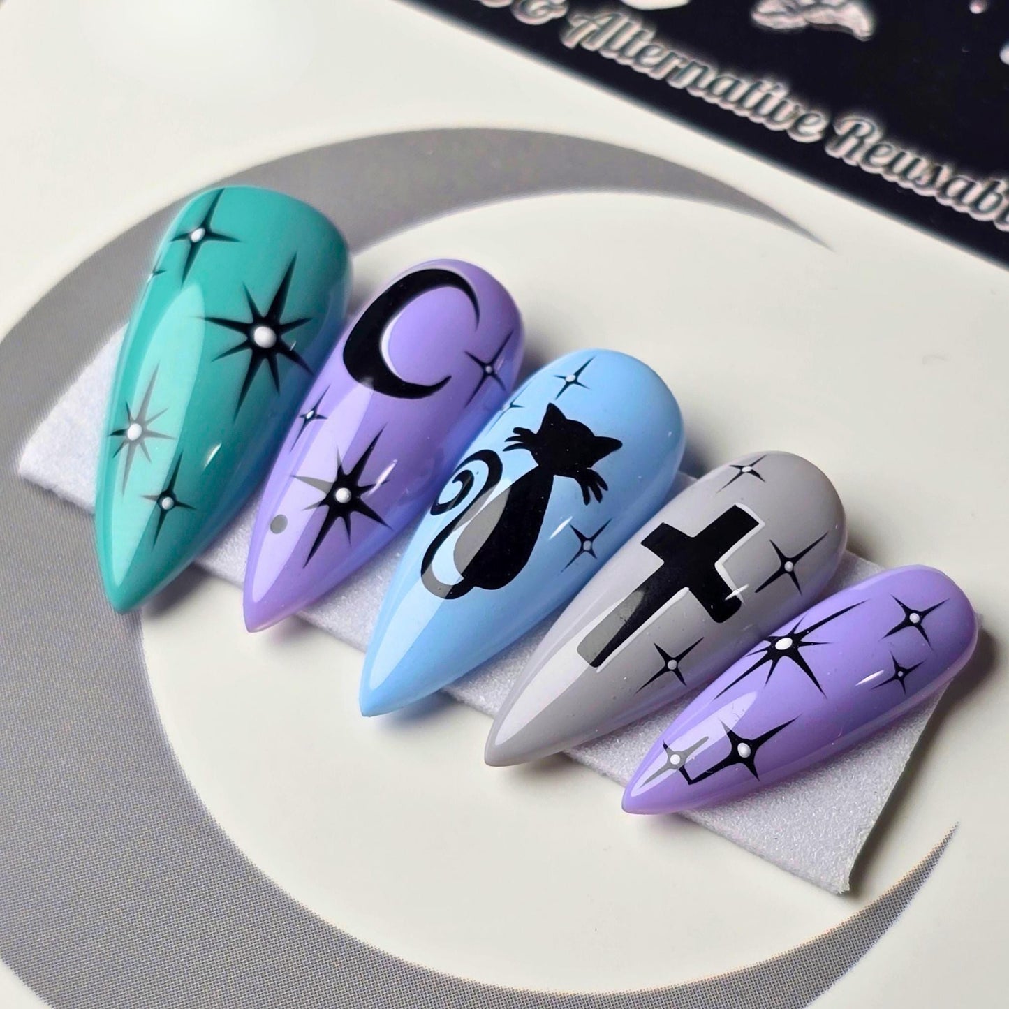 Moonlit Familiar - Cute & Cursed, Pastel Goth Witchy Halloween Press Ons, Spooky Cute Cat Nails