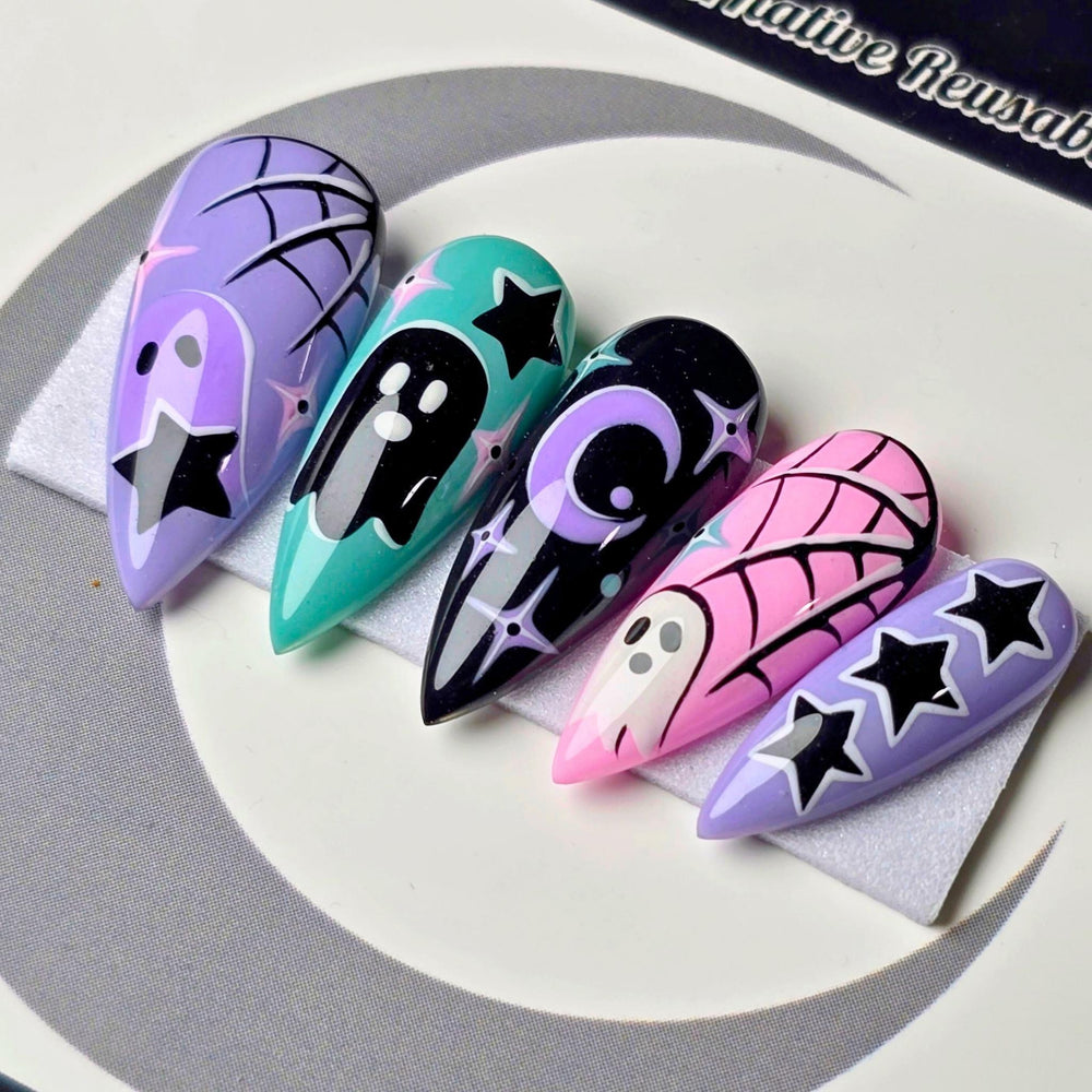 Ghoulaxy - Cute & Cursed, Spooky Cute Halloween Press Ons, Pastel Goth Ghost Press On Nails