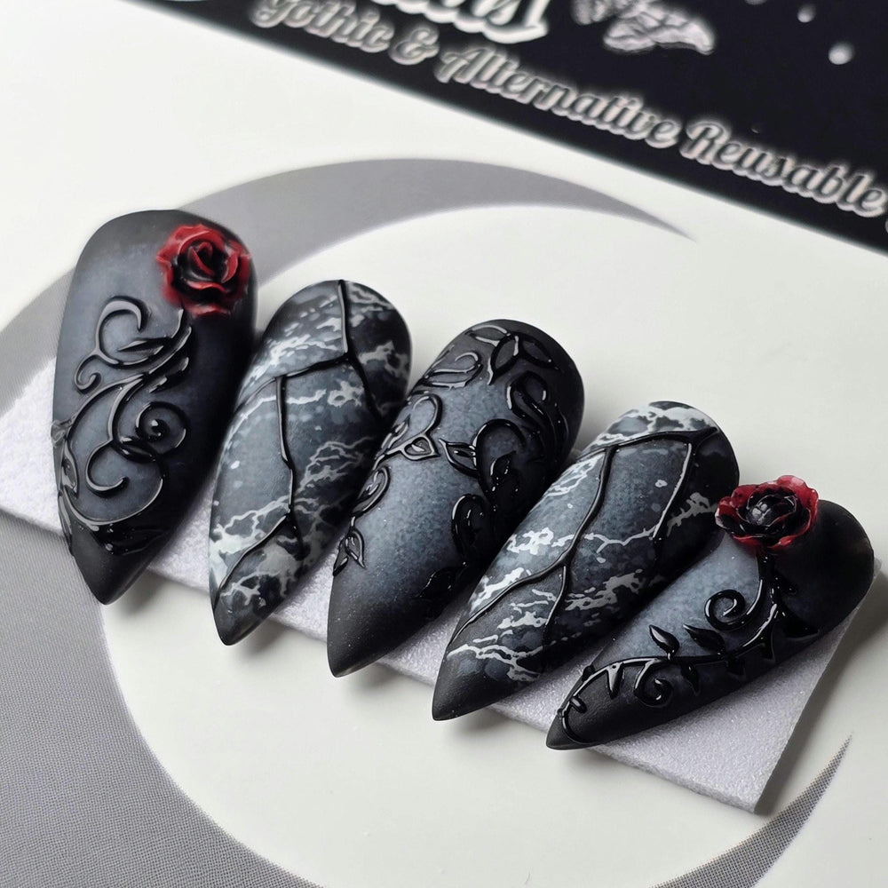 Marble & Mourning - Crypt Coture, Gothic Vampire Press Ons, Goth Halloween Nails