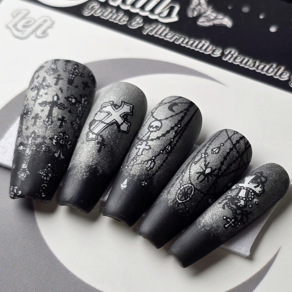 Deaths Rosary - Crypt Couture, Gothic Halloween Press On Nails, Spooky Vamp Cat Eye Nails
