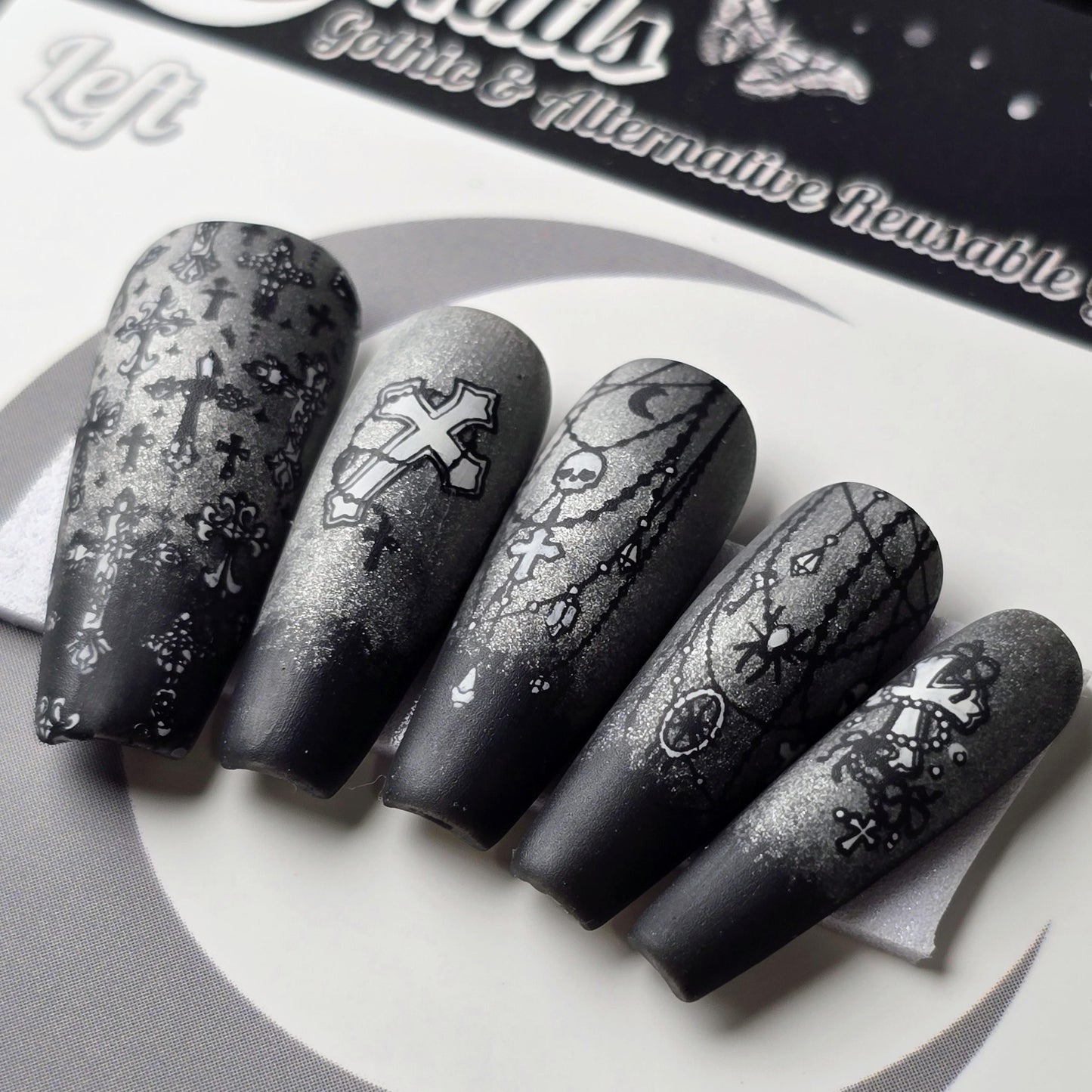 Deaths Rosary - Crypt Couture, Gothic Halloween Press On Nails, Spooky Vamp Cat Eye Nails