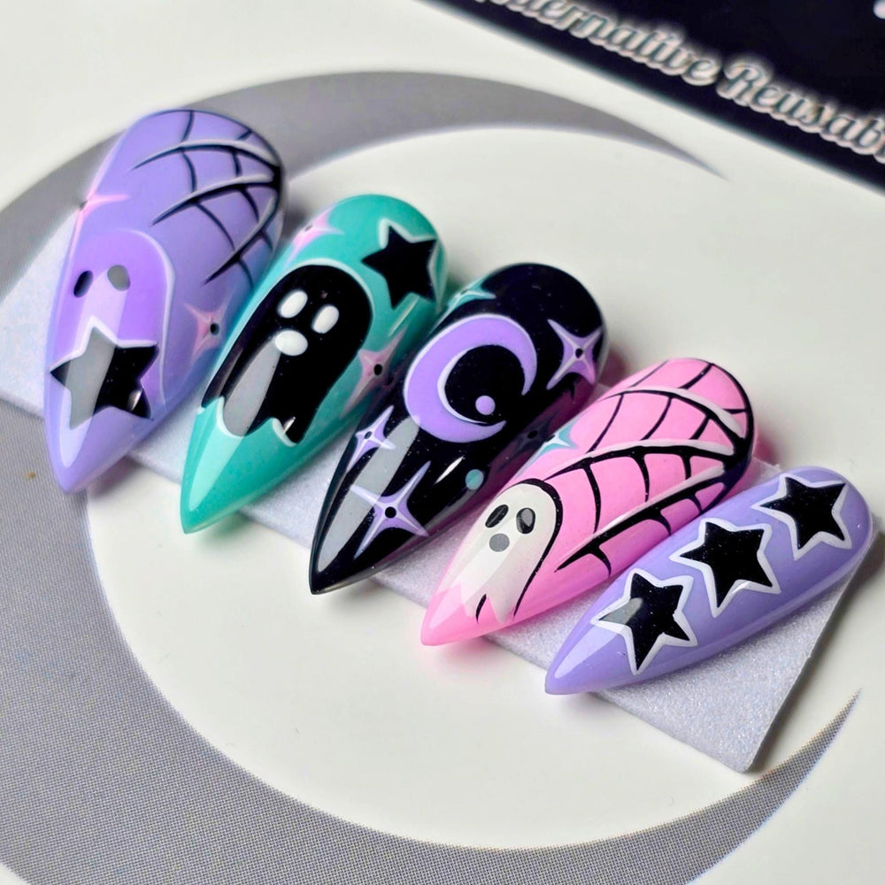 
                      
                        Ghoulaxy - Cute & Cursed, Spooky Cute Halloween Press Ons, Pastel Goth Ghost Press On Nails
                      
                    