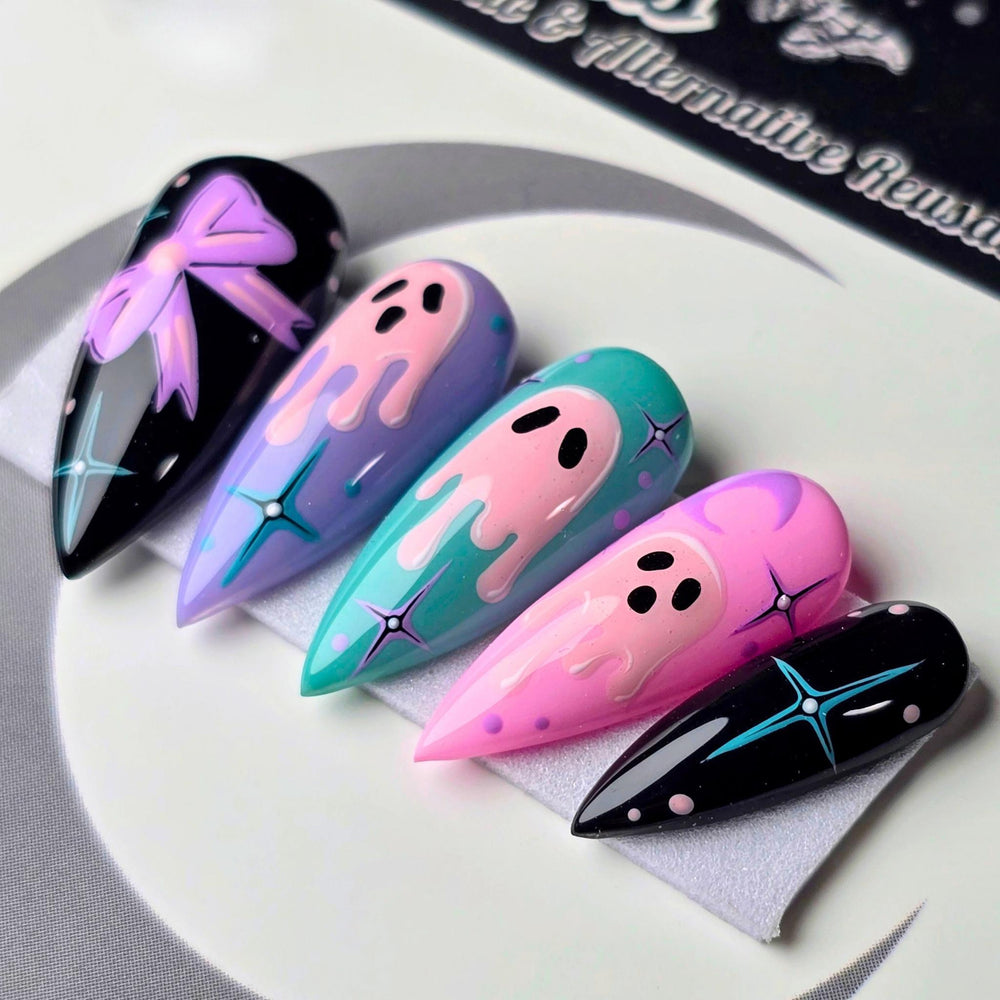
                      
                        Dripped in Dread - Cute & Cursed, Spooky Cute Pastel Ghost Press Ons, Gothic Halloween Nails
                      
                    