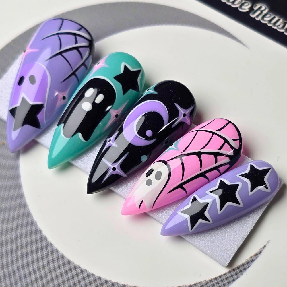 
                      
                        Ghoulaxy - Cute & Cursed, Spooky Cute Halloween Press Ons, Pastel Goth Ghost Press On Nails
                      
                    