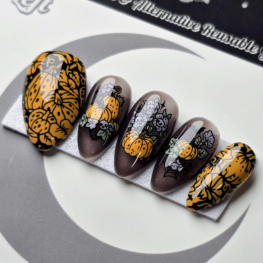 
                      
                        Harvest Garden, Gothic Halloween Pumpkin Press On Nails, Witchy Spooky Autumn Nails, Orange and Black Press Ons
                      
                    