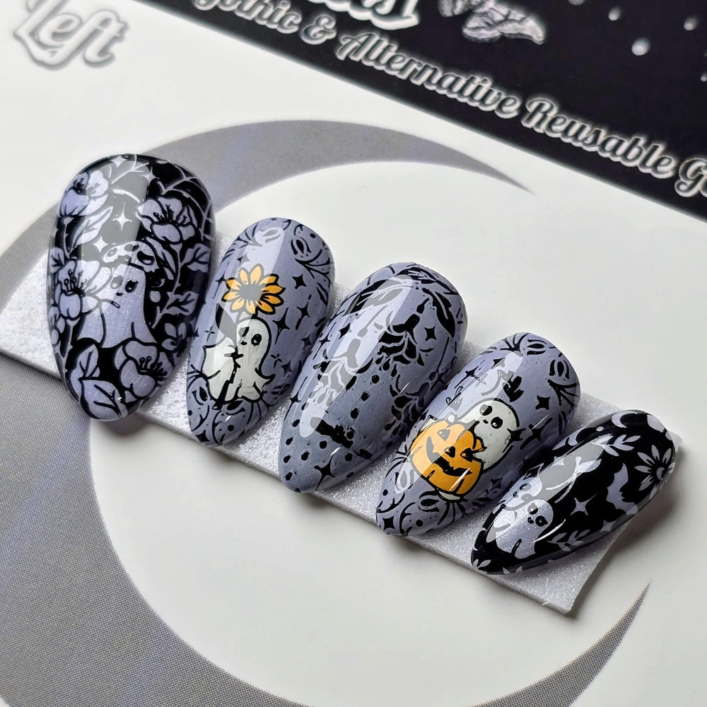 
                      
                        Ghostly Garden, Gothic Halloween Ghost Press On Nails, Gothic Spooky Cute Garden Nails, Orange and Purple Press Ons
                      
                    
