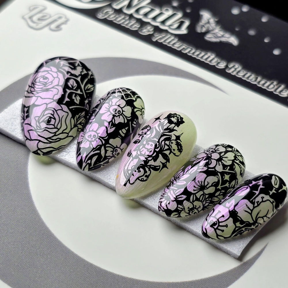 Grim Garden, Witchy Halloween Press On Nails, Gothic Spooky Garden Nails, Iridescent Press Ons