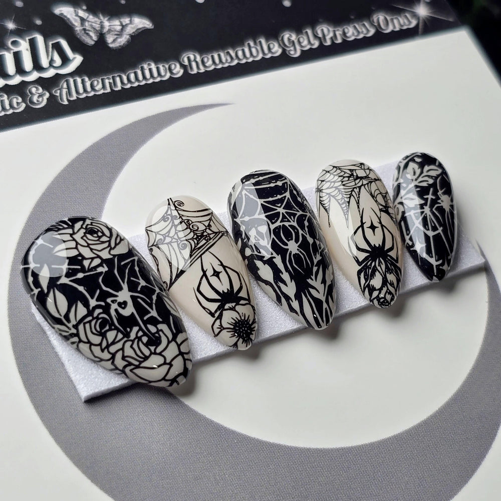 
                      
                        Widow's Garden, Gothic Halloween Press On Nails, Witchy Spider Nails, Glow in the Dark Press Ons
                      
                    