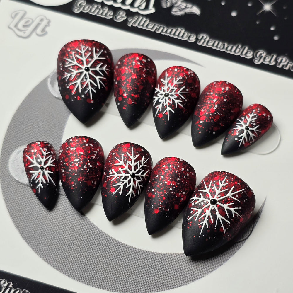 
                      
                        Crimson Snowfall Press On Nails – Gothic Winter Snowflake Nails, Red Ombre Christmas Nails, Matte Black Holiday Nail Art, Handmade Reusable
                      
                    