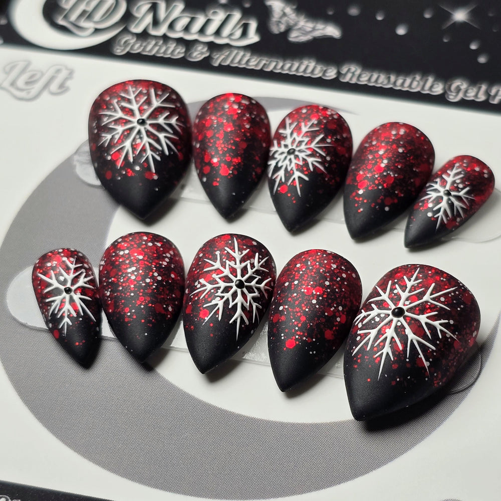 
                      
                        Crimson Snowfall Press On Nails – Gothic Winter Snowflake Nails, Red Ombre Christmas Nails, Matte Black Holiday Nail Art, Handmade Reusable
                      
                    