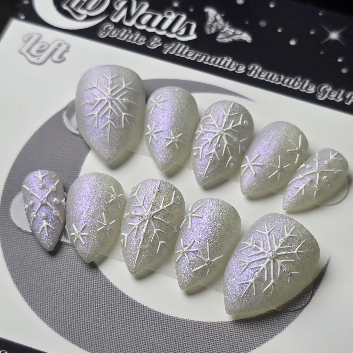 Frostfall Press On Nails – Witchy Winter Snowflake Nails – Matte Iridescent Silver – Hand Painted Nail Art – Reusable Custom Press Ons