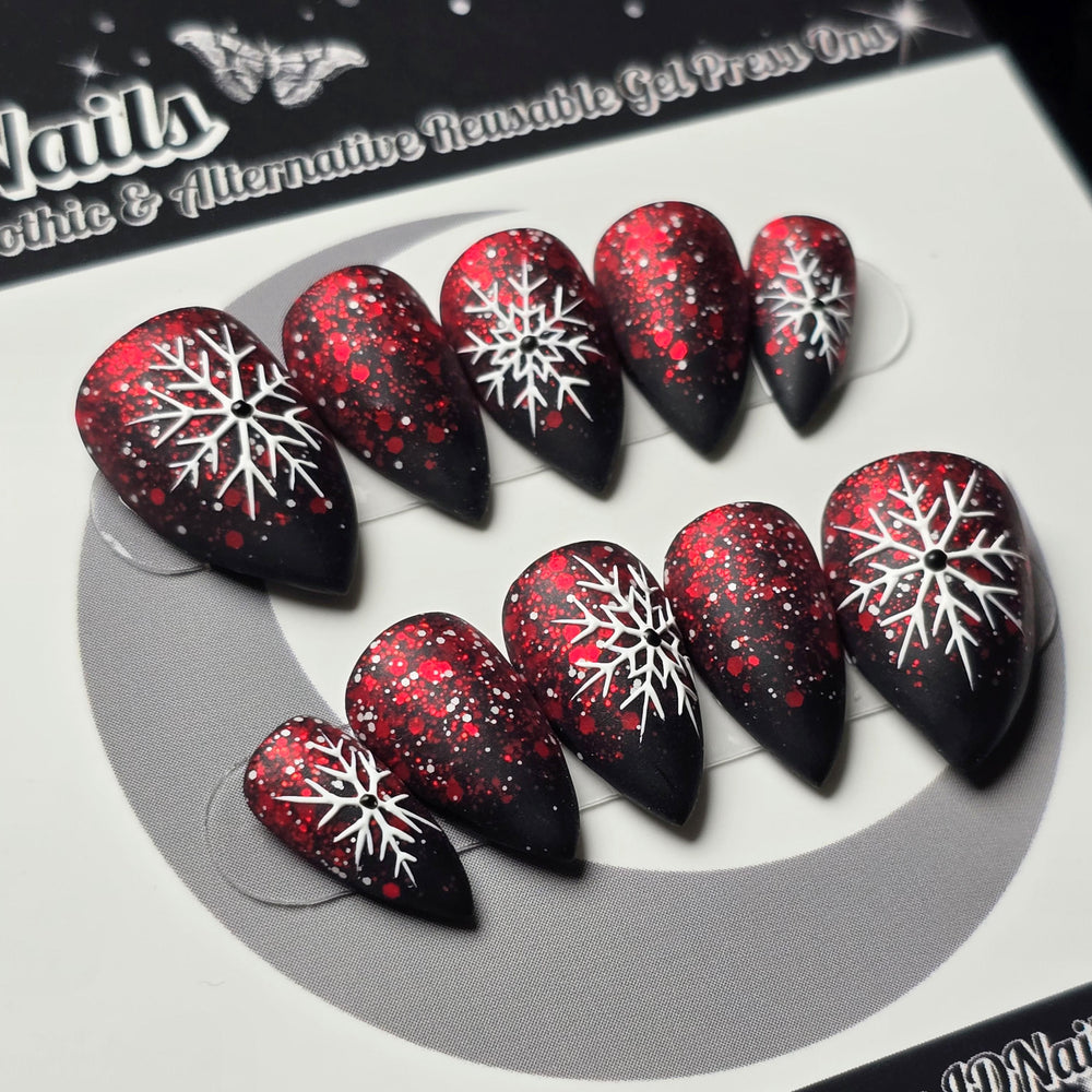 
                      
                        Crimson Snowfall Press On Nails – Gothic Winter Snowflake Nails, Red Ombre Christmas Nails, Matte Black Holiday Nail Art, Handmade Reusable
                      
                    