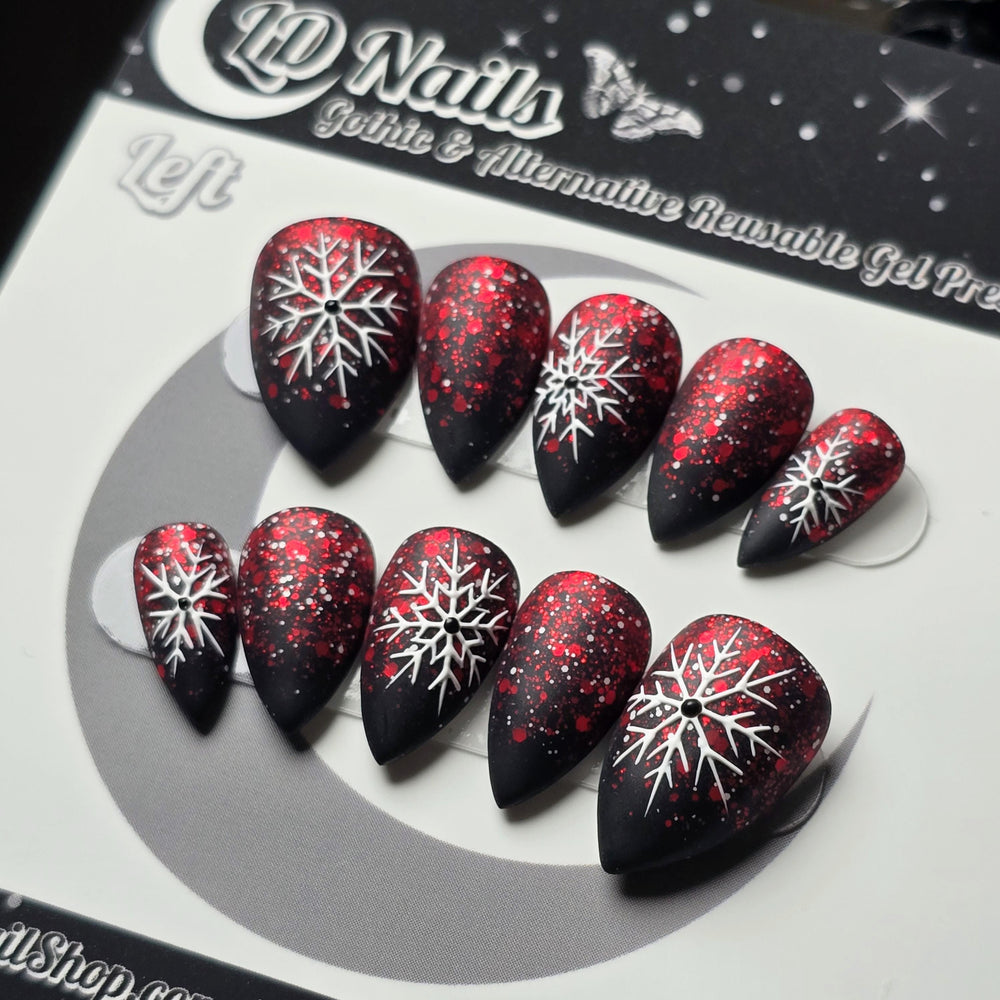 
                      
                        Crimson Snowfall Press On Nails – Gothic Winter Snowflake Nails, Red Ombre Christmas Nails, Matte Black Holiday Nail Art, Handmade Reusable
                      
                    