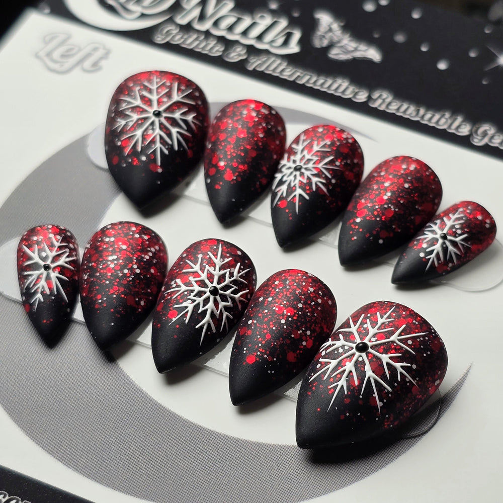 Crimson Snowfall Press On Nails – Gothic Winter Snowflake Nails, Red Ombre Christmas Nails, Matte Black Holiday Nail Art, Handmade Reusable