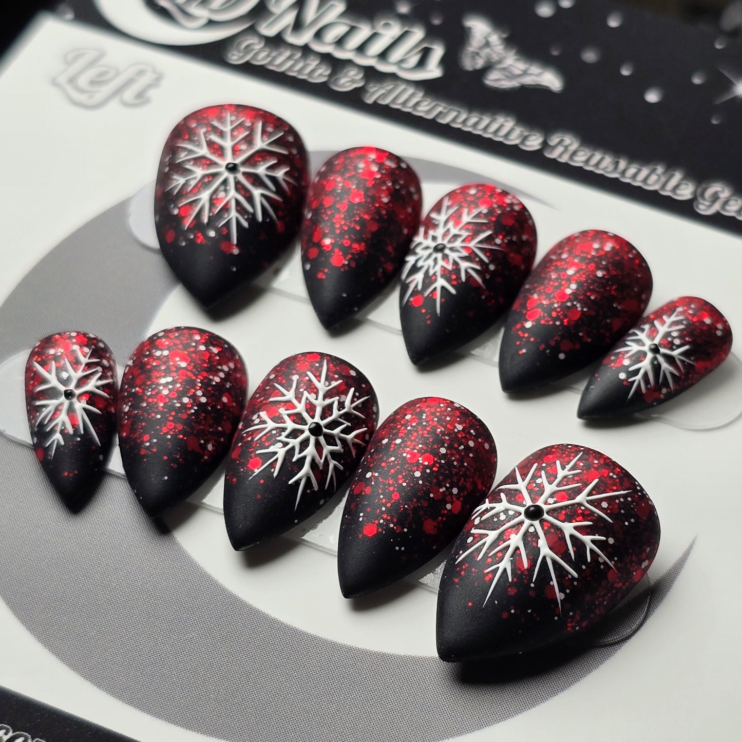Crimson Snowfall Press On Nails – Gothic Winter Snowflake Nails, Red Ombre Christmas Nails, Matte Black Holiday Nail Art, Handmade Reusable
