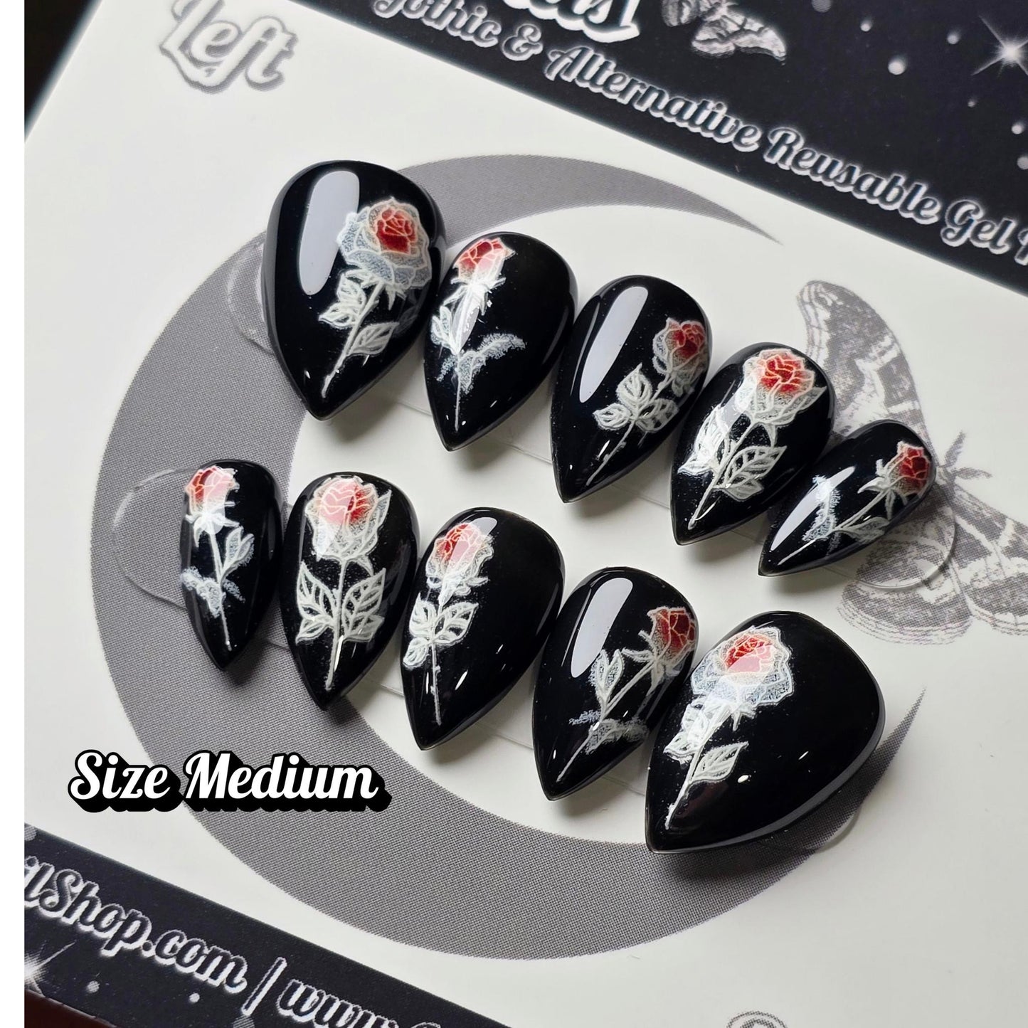OOAK Size Medium, Mourning Rose, Gothic Rose Press On Nails, Black & White Floral Nails, Dark Romantic Handmade Gel Nails