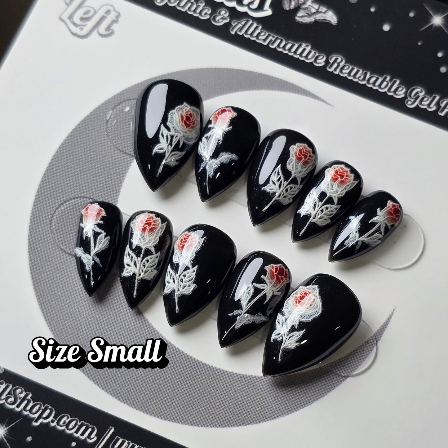 OOAK Size Small, Mourning Rose, Gothic Rose Press On Nails, Black & White Floral Nails, Dark Romantic Handmade Gel Nails
