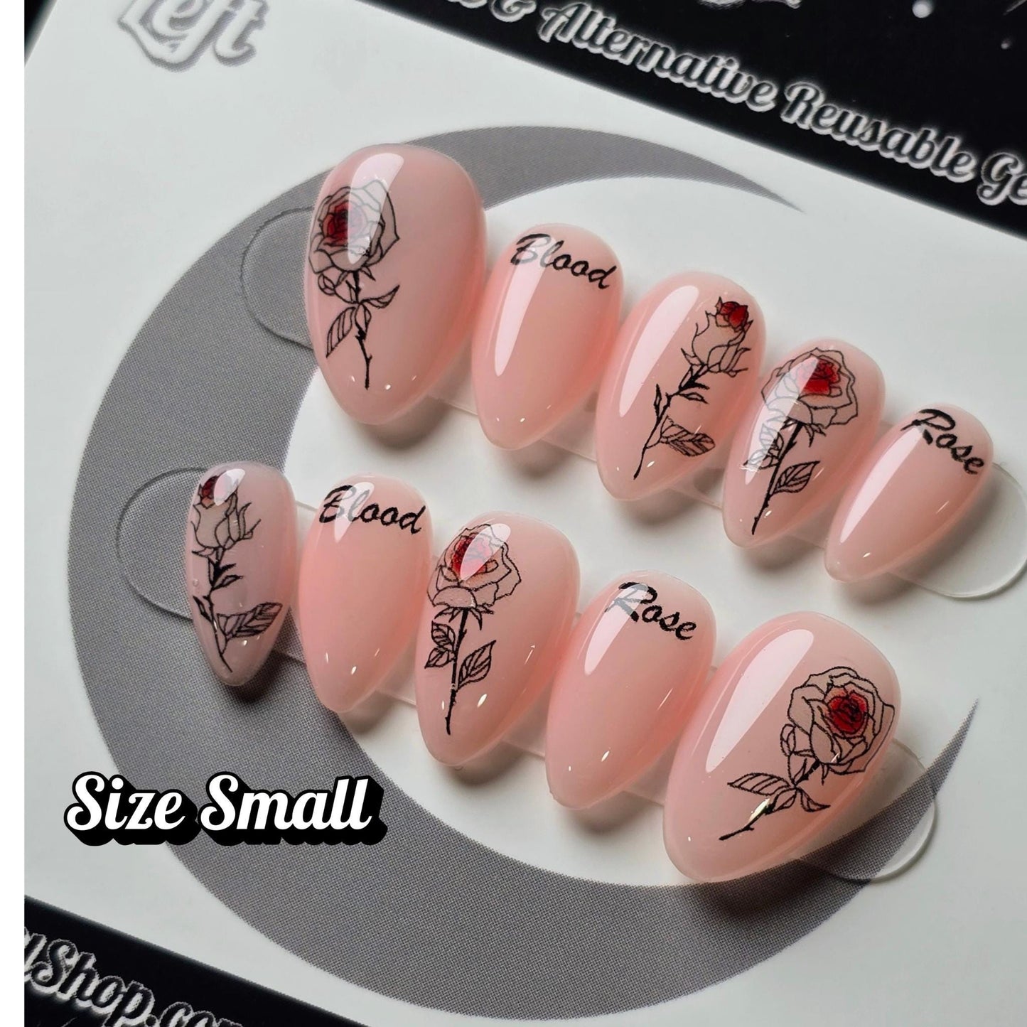 OOAK Size Small, Blush & Blood, Gothic Rose Press On Nails, Sheer Pink Floral Nails, Dark Romantic Handmade Gel Nails