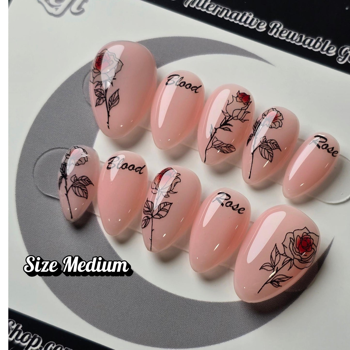 OOAK Size Medium, Blush & Blood, Gothic Rose Press On Nails, Sheer Pink Floral Nails, Dark Romantic Handmade Gel Nails