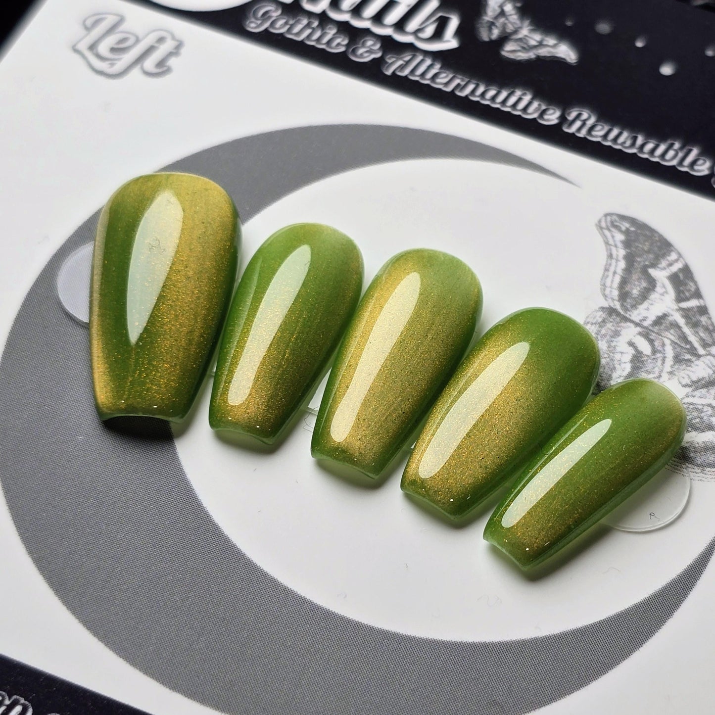 Golden Lichen Cat Eye Press On Nails, Witchy Press Ons, Green Gold Magnetic Gel Nails, Earthy Shimmer Press Ons, Handmade Reusable Nails