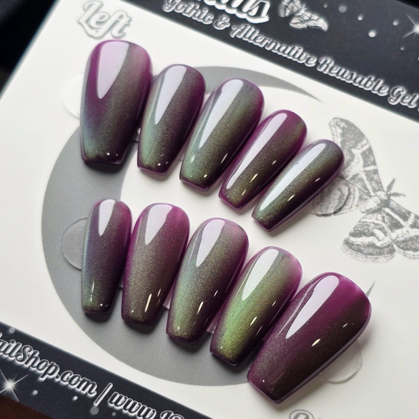 Green Grape Press On Nails, Green Purple Cat Eye Nails, Magnetic Gel Press Ons, Gothic Earthy Nails, Witchy Reusable Coffin Nails