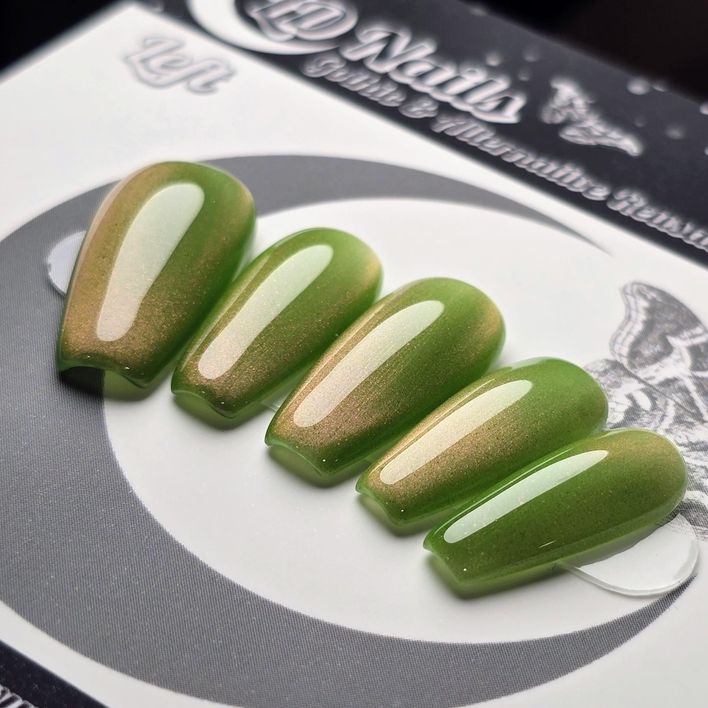 Guava Cat Eye Press On Nails, Witchy Press Ons, Green Gold Magnetic Gel Nails, Earthy Shimmer Press Ons, Handmade Reusable Nails