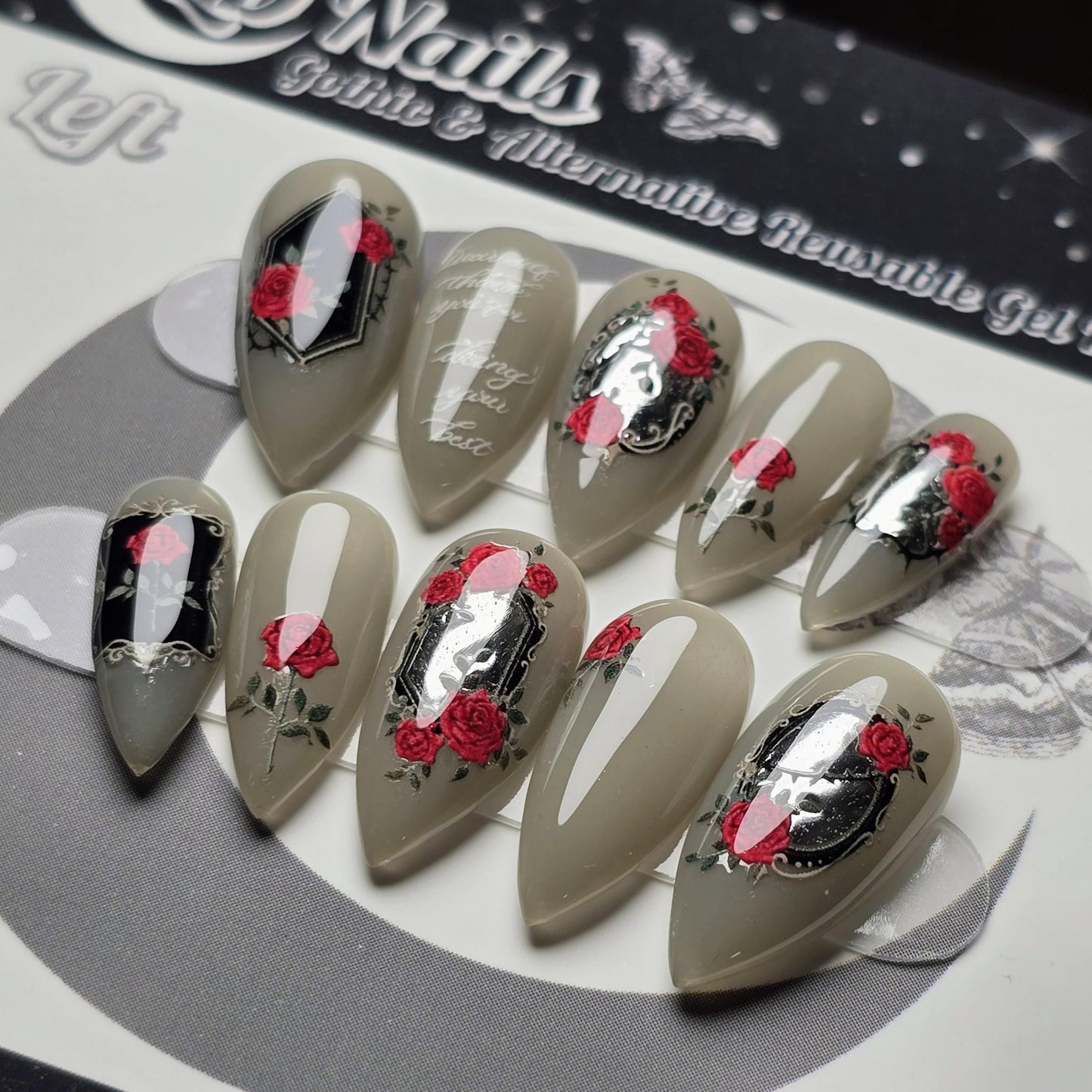 OOAK Size Small, Devoted Reflection Gothic Press On Nails, Valentine Rose Mirror Nails, Dark Romantic Reusable Gel Nails