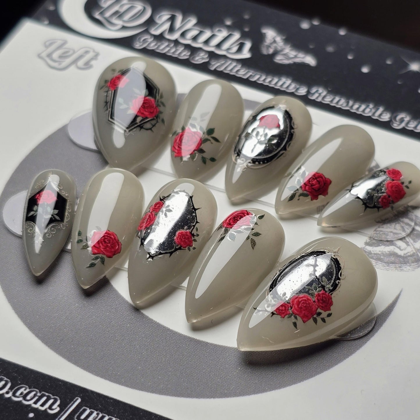 OOAK Size Large, Devoted Reflection Gothic Press On Nails, Valentine Rose Mirror Nails, Dark Romantic Reusable Gel Nails