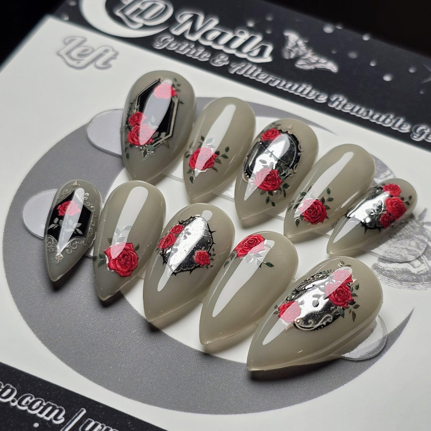 OOAK Size Medium, Devoted Reflection Gothic Press On Nails, Valentine Rose Mirror Nails, Dark Romantic Reusable Gel Nails